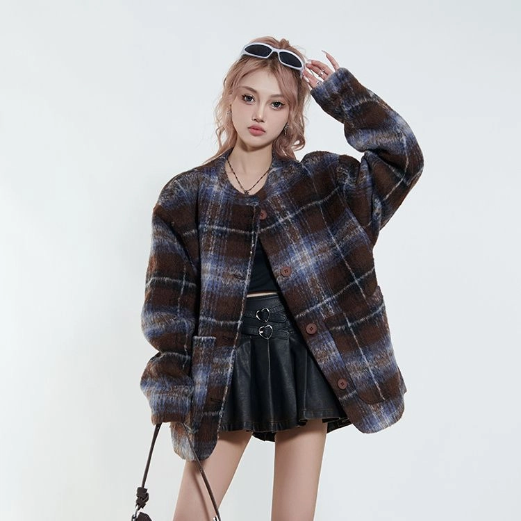 邓大喵 韩系高级感格纹呢冬季夹棉加厚复古慵懒风棉服外套大衣 女款
