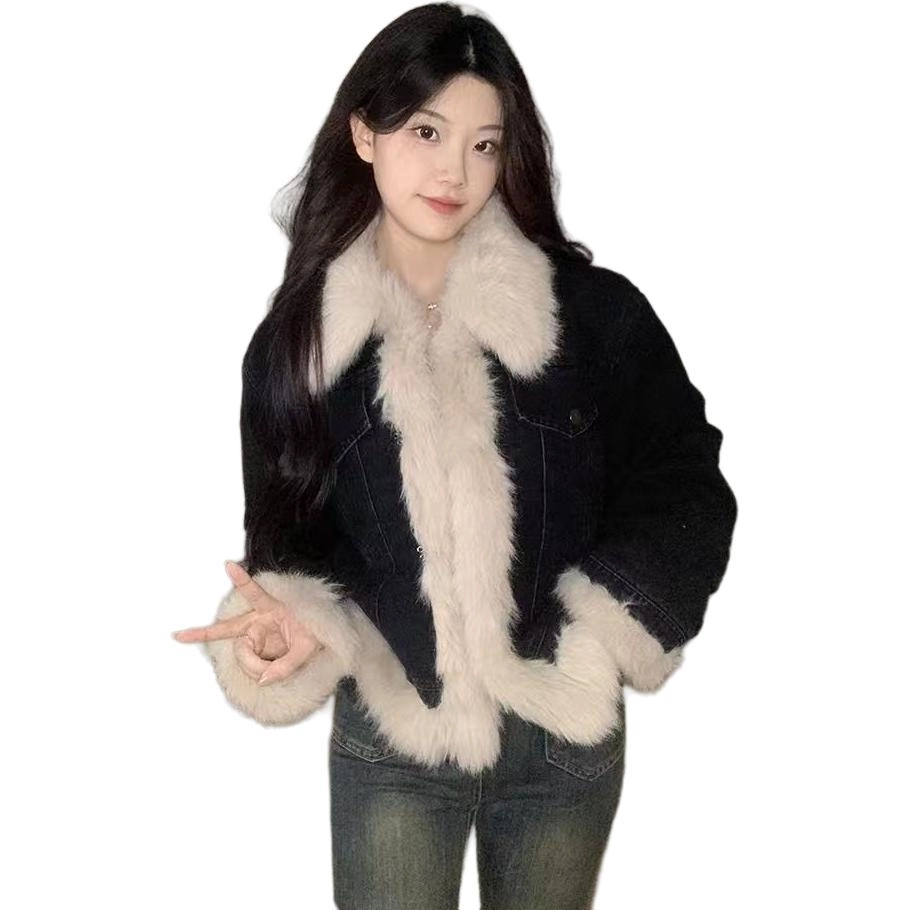 邓大喵 秋冬夹棉加厚牛仔短款毛毛女高级感炸街棉服毛绒上衣潮绒感外套 女款