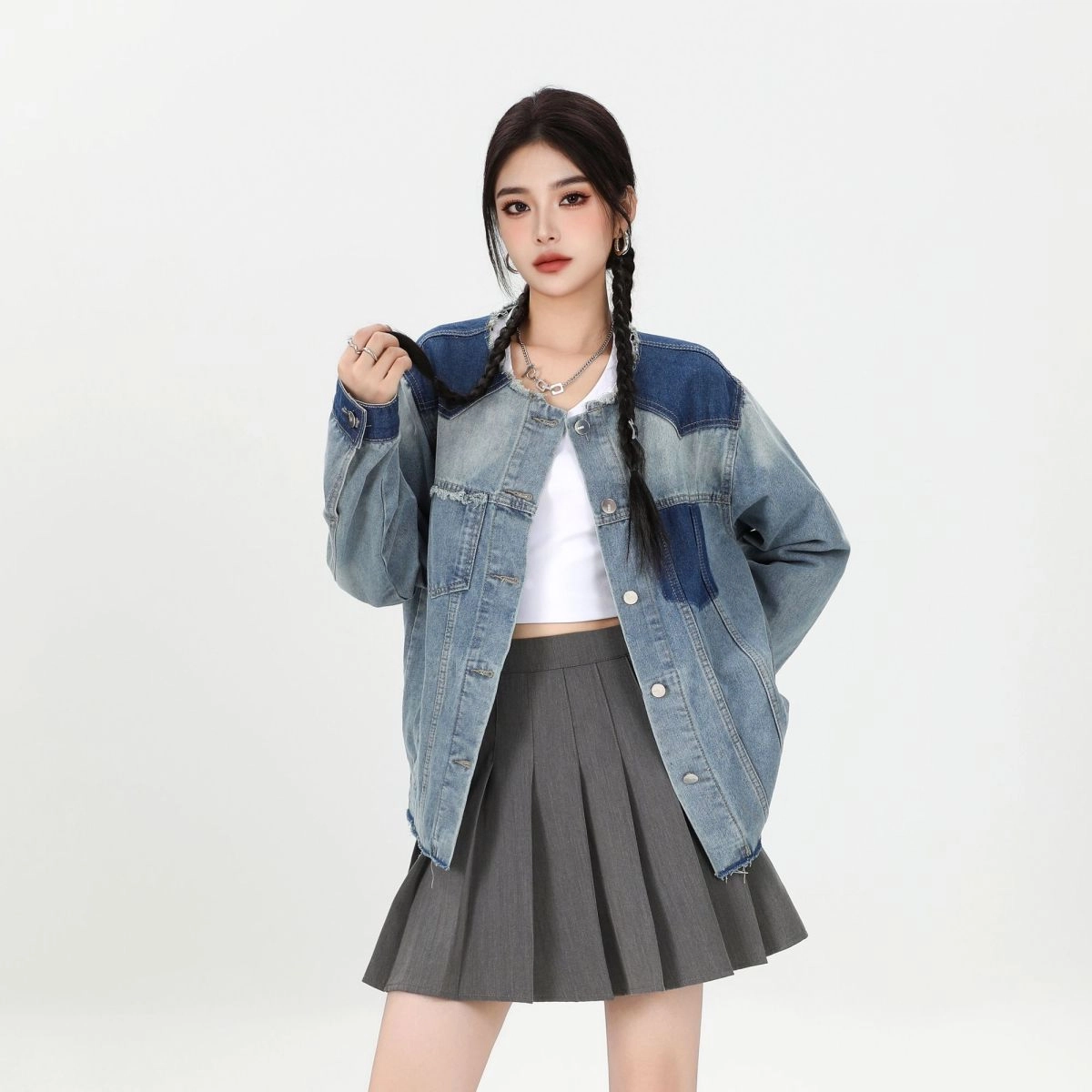 邓大喵 韩系街头个性拼色女秋季设计感小众宽松显瘦夹克上衣牛仔外套 女款