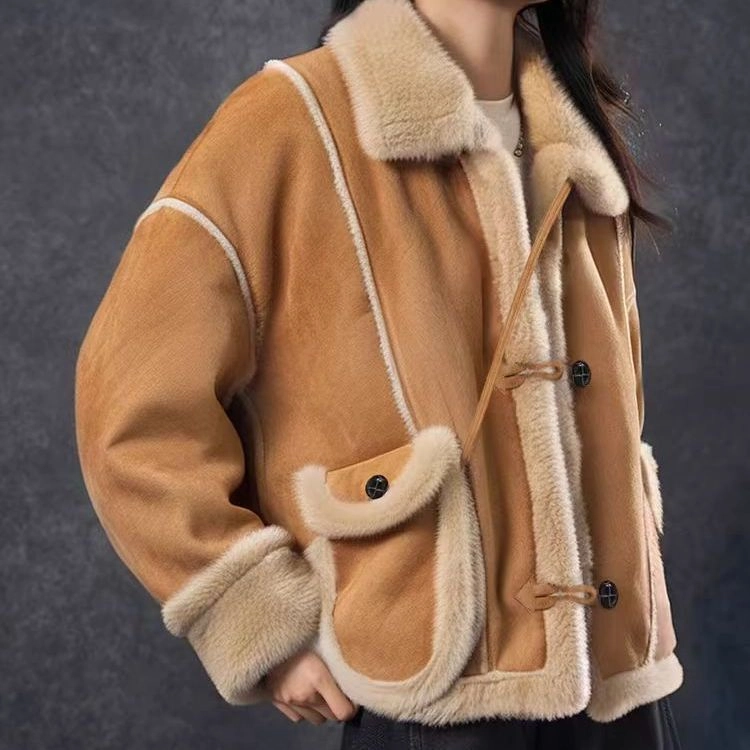 邓大喵 小个子毛毛拼接设计感加厚机车服女冬季宽松休闲立领外套 女款