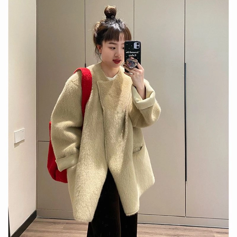 邓大喵 水貂绒休闲宽松简约皮毛一体秋冬仿毛绒外套加厚皮草 女款
