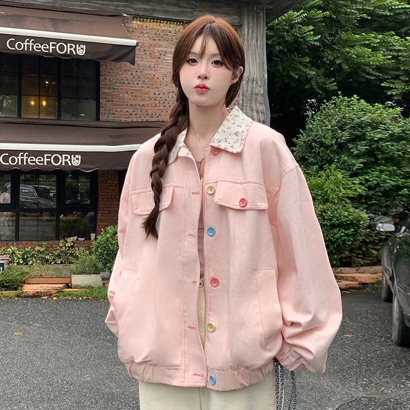 邓大喵 甜美碎花翻领牛仔外套女加厚宽松百搭上衣夹克 女款