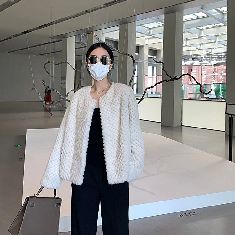 邓大喵 仿獭兔毛外套女冬季百搭圆领短款加厚保暖编织大衣皮草 女款