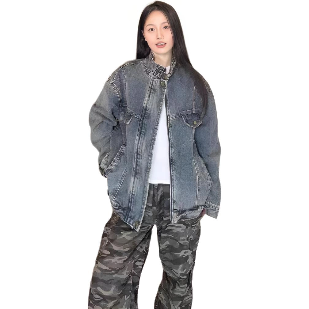 邓大喵 美式复古水洗做旧男女秋季潮牌高级感宽松休闲工装夹克女牛仔外套 男女同款