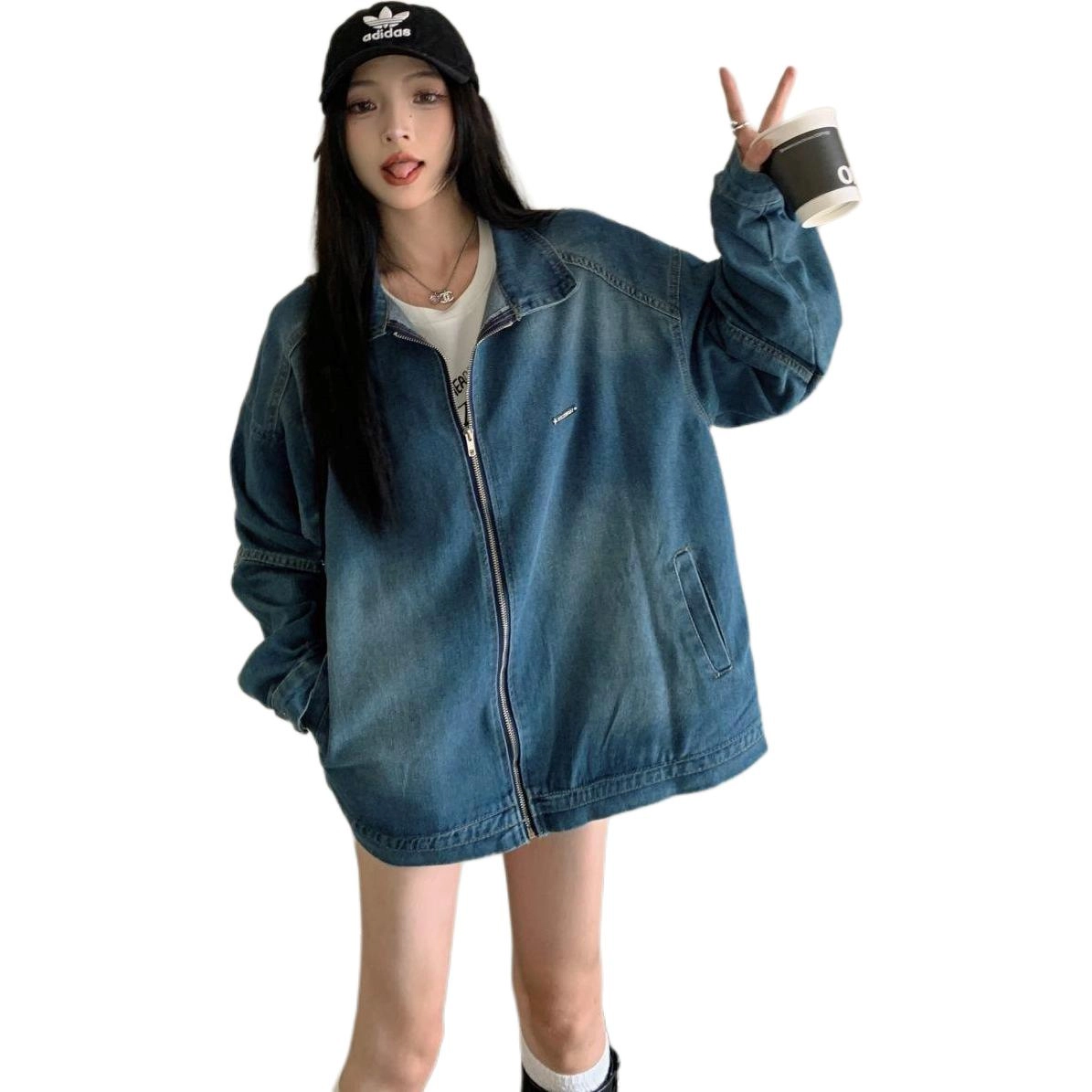 邓大喵 美式复古水洗做旧拉链男女春秋街头宽松休闲小众牛仔外套 女款