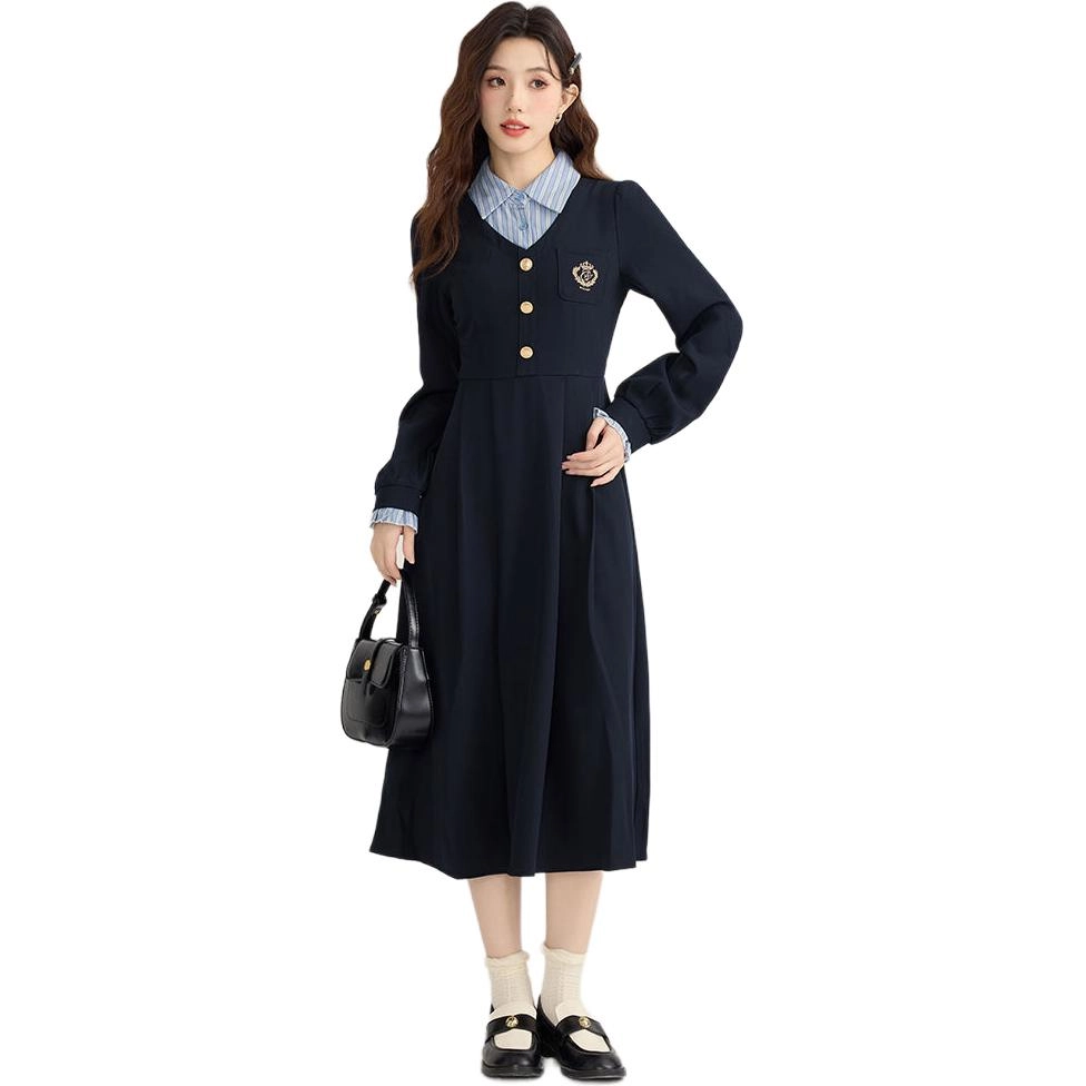 邓大喵 学院风拼接假两件女春季秋季法式高级感收腰显瘦精致长裙子连衣裙 女款