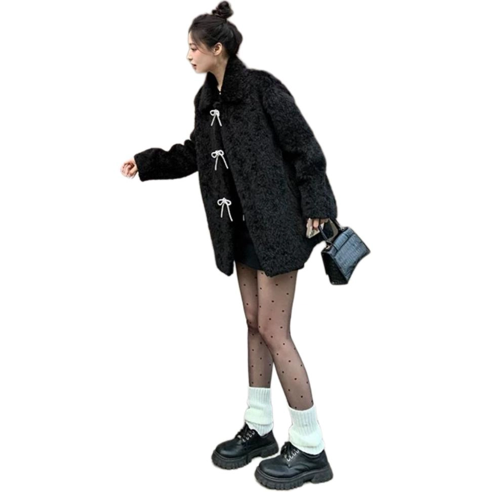 邓大喵 皮毛一体大衣女中长款翻领气质秋冬加厚宽松毛毛外套皮草 女款