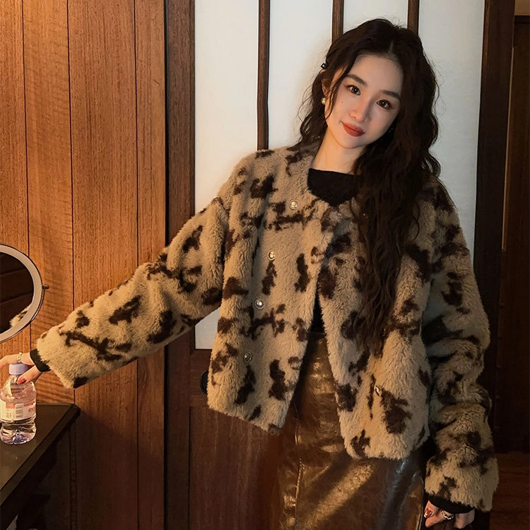 邓大喵 爱迷鹿毛绒绒小香风环保外套女秋冬保暖美拉德穿搭小个子皮草 女款