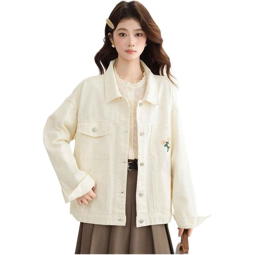 邓大喵 瑰朵小清新甜美刺绣女早春设计感小众上衣小个子牛仔外套 女款