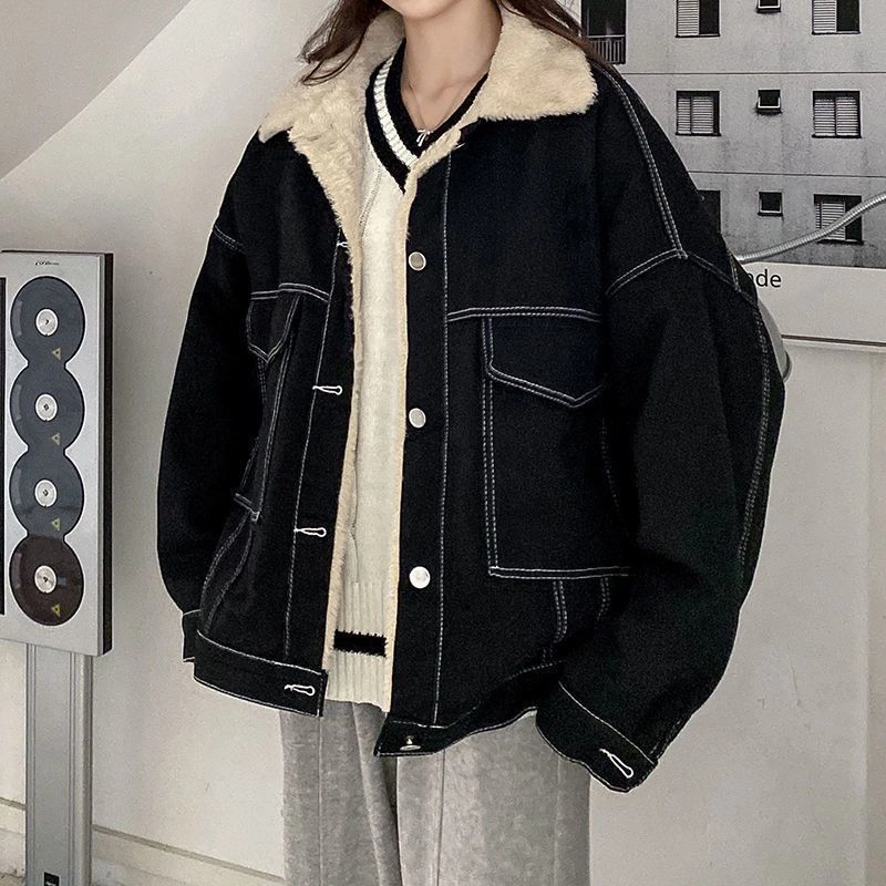 邓大喵 韩系加厚女时尚设计气质宽松百搭加绒翻领羊羔毛上衣牛仔外套 女款