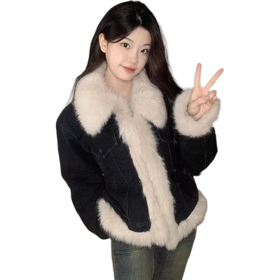 邓大喵 秋冬夹棉加厚牛仔短款毛毛女高级感炸街棉服毛绒上衣潮绒感外套 女款
