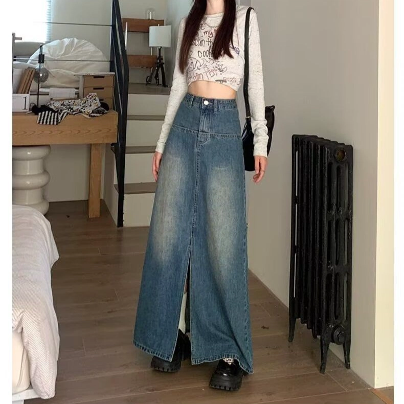 邓大喵 高腰薄款设计开叉长款百搭裙子牛仔长裙 女款