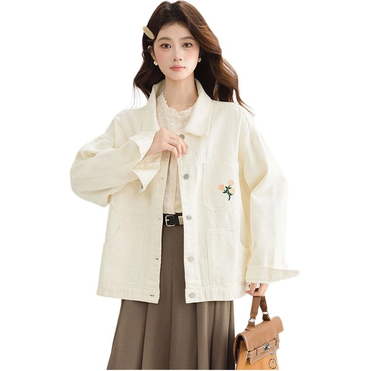 邓大喵 瑰朵小清新甜美刺绣女早春设计感小众上衣小个子牛仔外套 女款