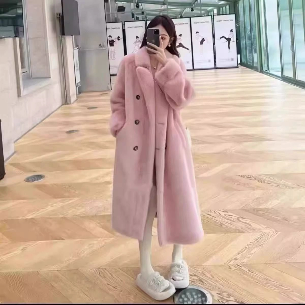 邓大喵 环保仿水貂绒长款宽松加厚欧貂皮毛一体西服领外套大衣女皮草 女款