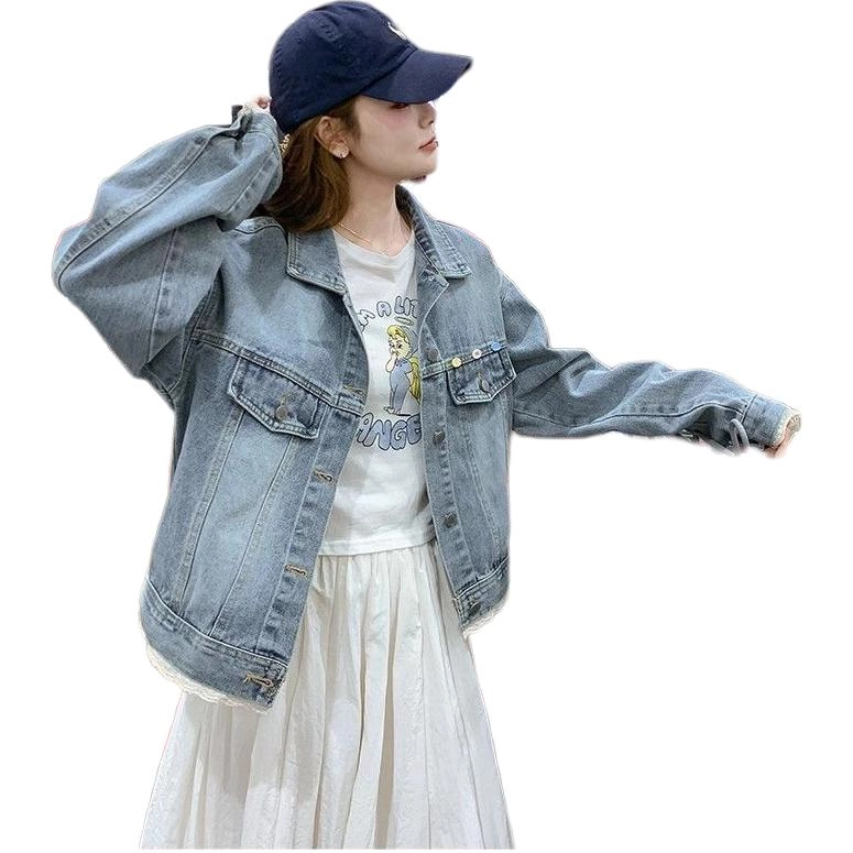 邓大喵 水洗复古蕾丝边女春季韩系小个子减龄百搭夹克潮牛仔外套 女款