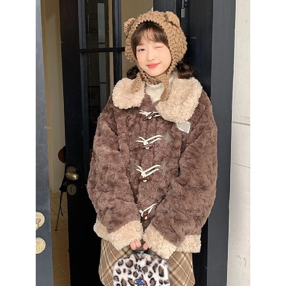 邓大喵 牛角扣羊羔毛外套女冬年轻款宽松加厚保暖毛绒绒环保皮草 女款