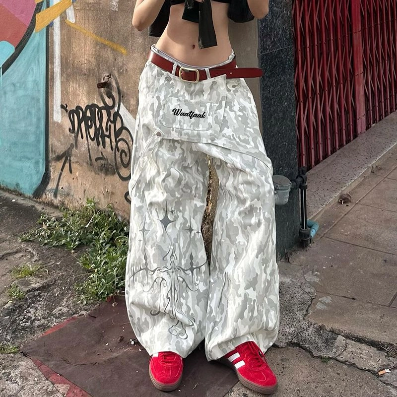 邓大喵 美式复古浅灰色迷彩不规则印花飘带分割设计梭织长裤休闲裤 女款