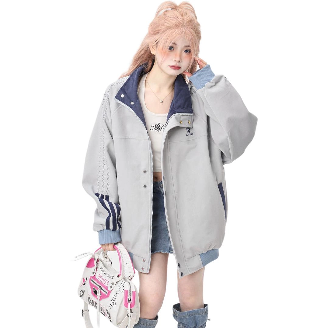 邓大喵 美式复古个性宽松拼服外套男女春秋刺绣立领夹克上衣潮棒球服 女款