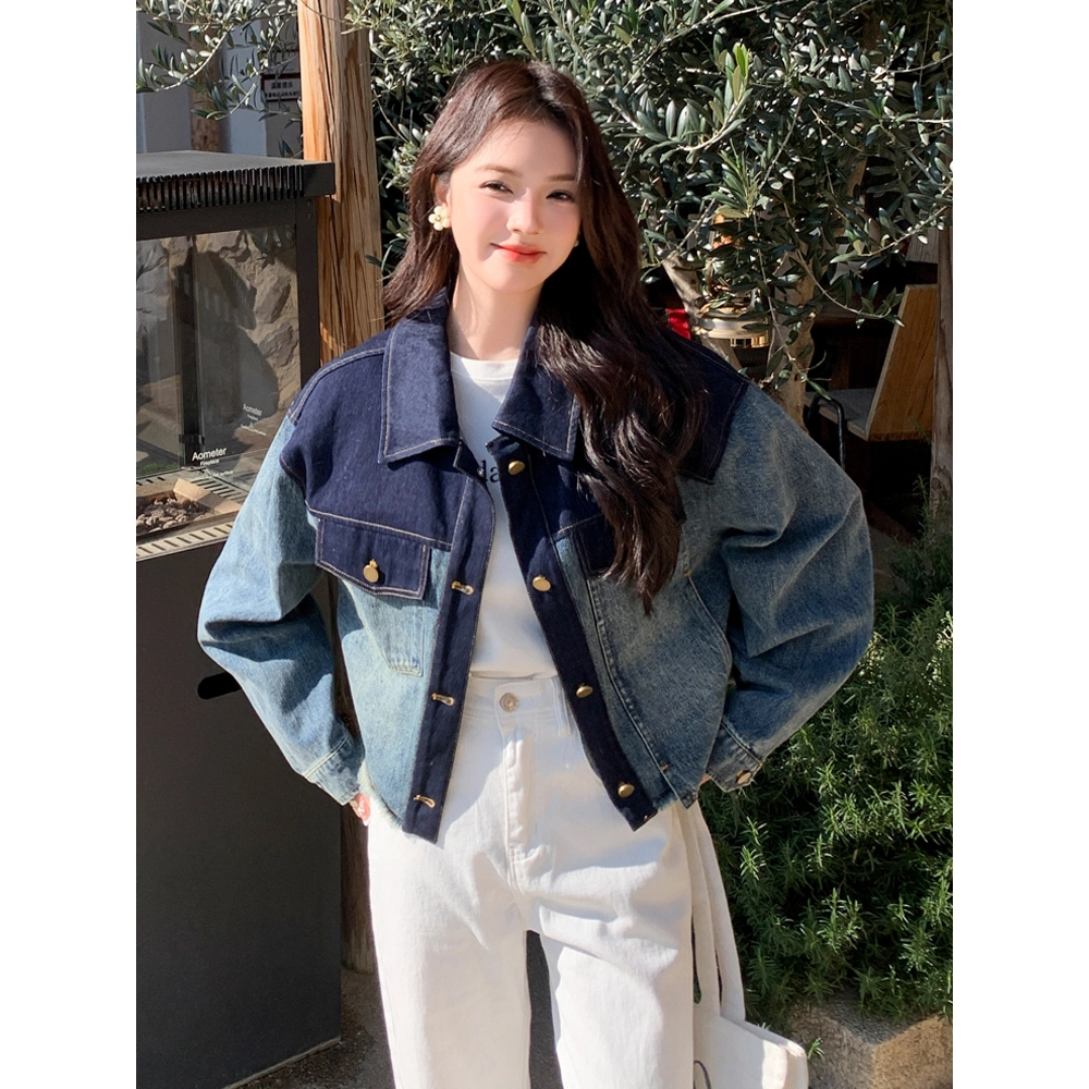 邓大喵 撞色女春秋季设计感小众时尚百搭衣休闲减龄夹克开衫牛仔外套 女款