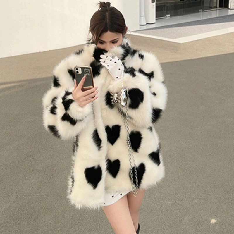 邓大喵 富家千金黑白爱心环保毛毛外套女宽松仿女年轻款加厚大衣皮草 女款