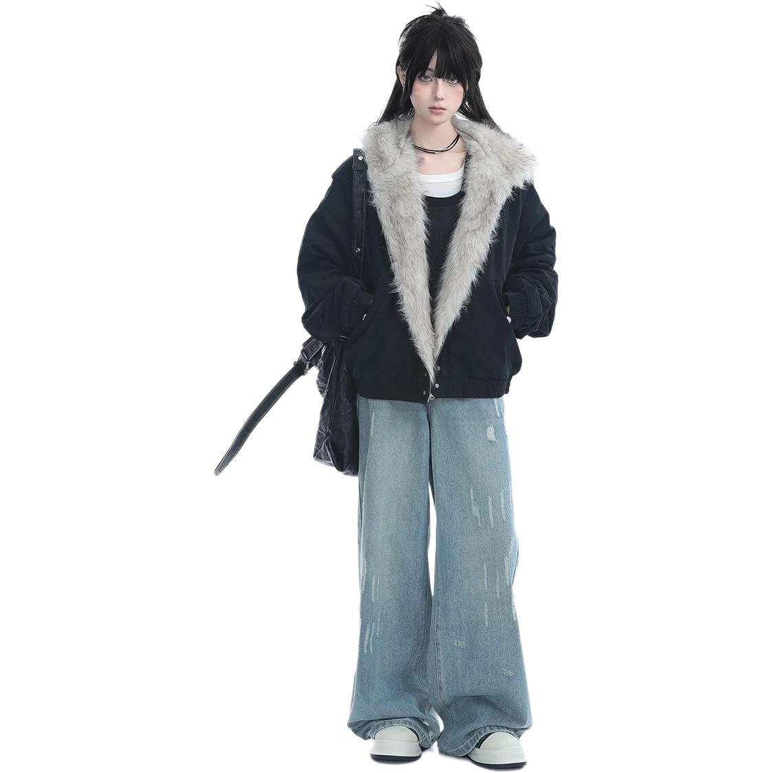 邓大喵 美式复古加棉加厚毛领连帽外套女冬季高级感毛绒棉衣棉服 女款