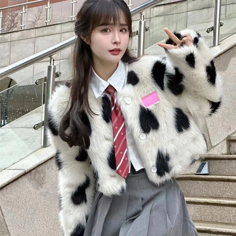 邓大喵 美拉德毛毛外套女小香风秋冬加厚千金爱心仿狐狸毛洋气百搭短皮草 女款