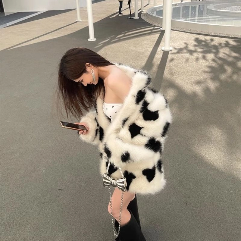 邓大喵 富家千金黑白爱心环保毛毛外套女宽松仿女年轻款加厚大衣皮草 女款