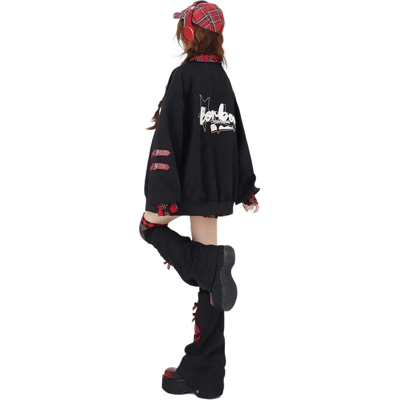 邓大喵 美式亚文风衣服格子拼接爱心外套女春秋季百搭宽松甜酷上衣棒球服 女款