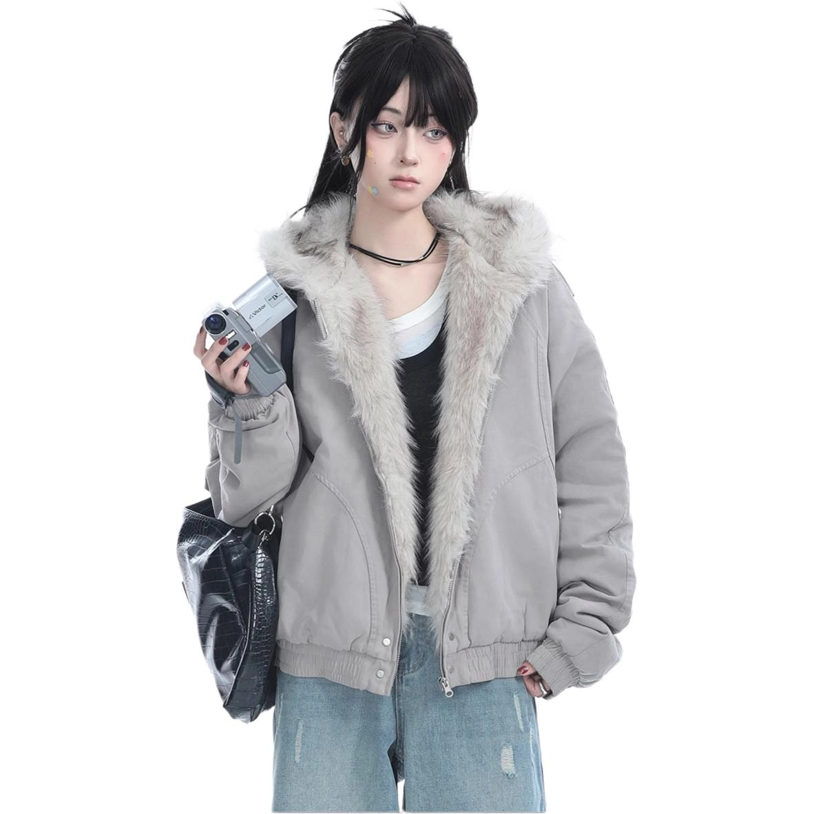 邓大喵 美式复古加棉加厚毛领连帽外套女冬季高级感毛绒棉衣棉服 女款