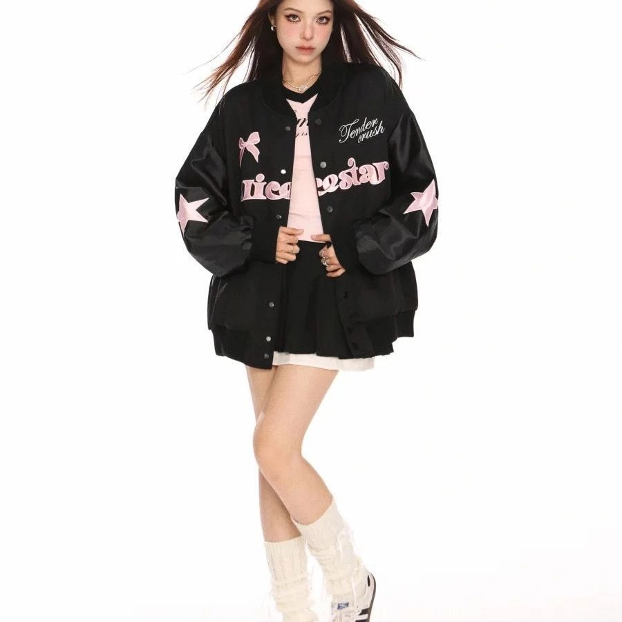 邓大喵 美式复古蝴蝶印花拼接外套春秋甜酷穿搭慵懒风少女夹克棒球服 女款
