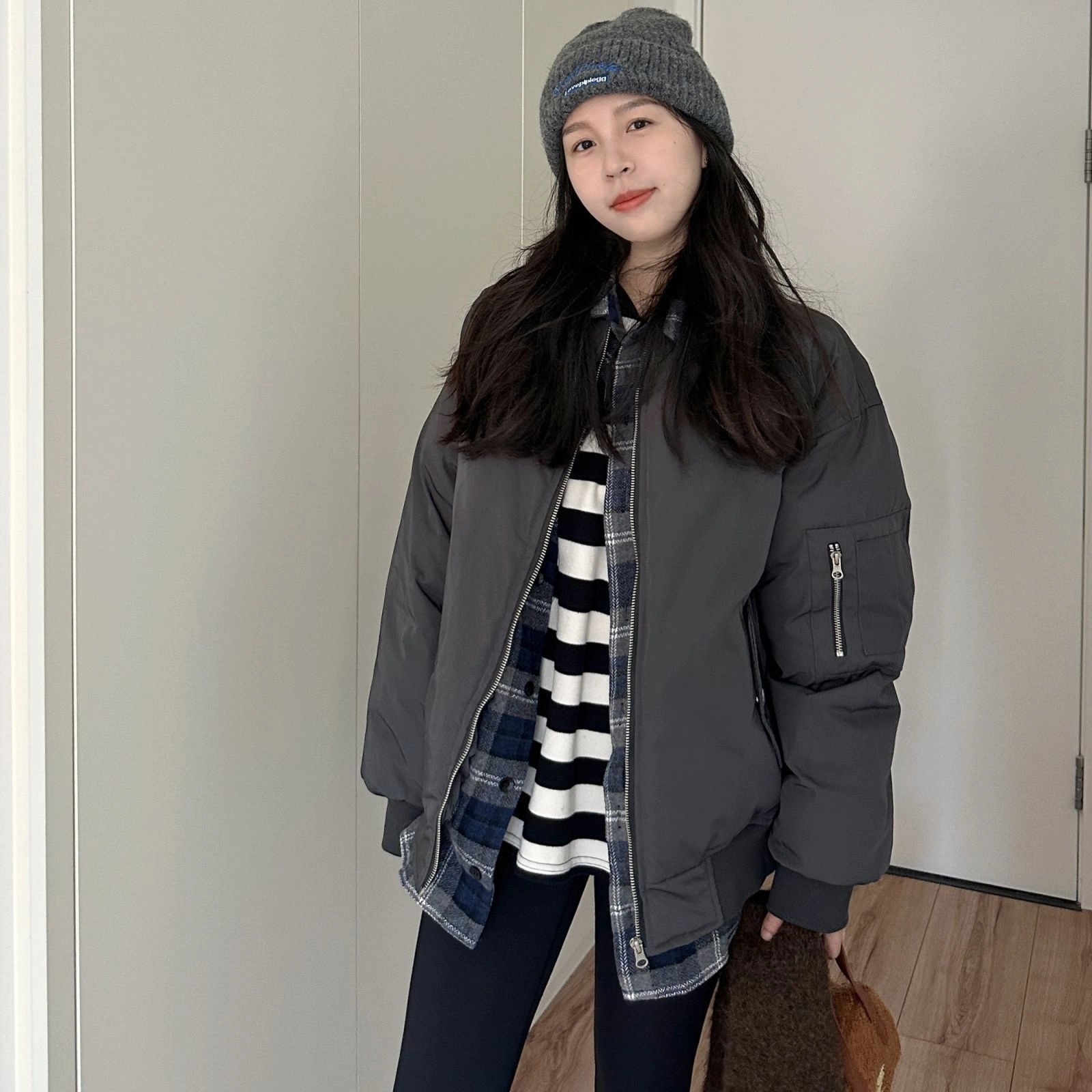 邓大喵 韩版假两件棒球服棉衣女宽松中长款毛呢格子拼接外套冬装棉服 女款