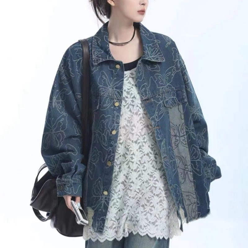 邓大喵 下摆破洞蝴蝶提花女中长款早春秋季毛边流苏刺绣夹克上衣牛仔外套 女款