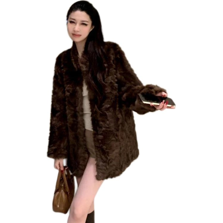 邓大喵 皮毛一体立领环保毛毛外套女冬加厚气质高级感中长款大衣宽松秋冬穿搭皮草 女款