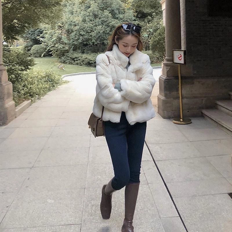 邓大喵 仿水貂毛外套女洋气冬季宽松毛茸茸短款加厚兔毛立领大衣皮草 女款