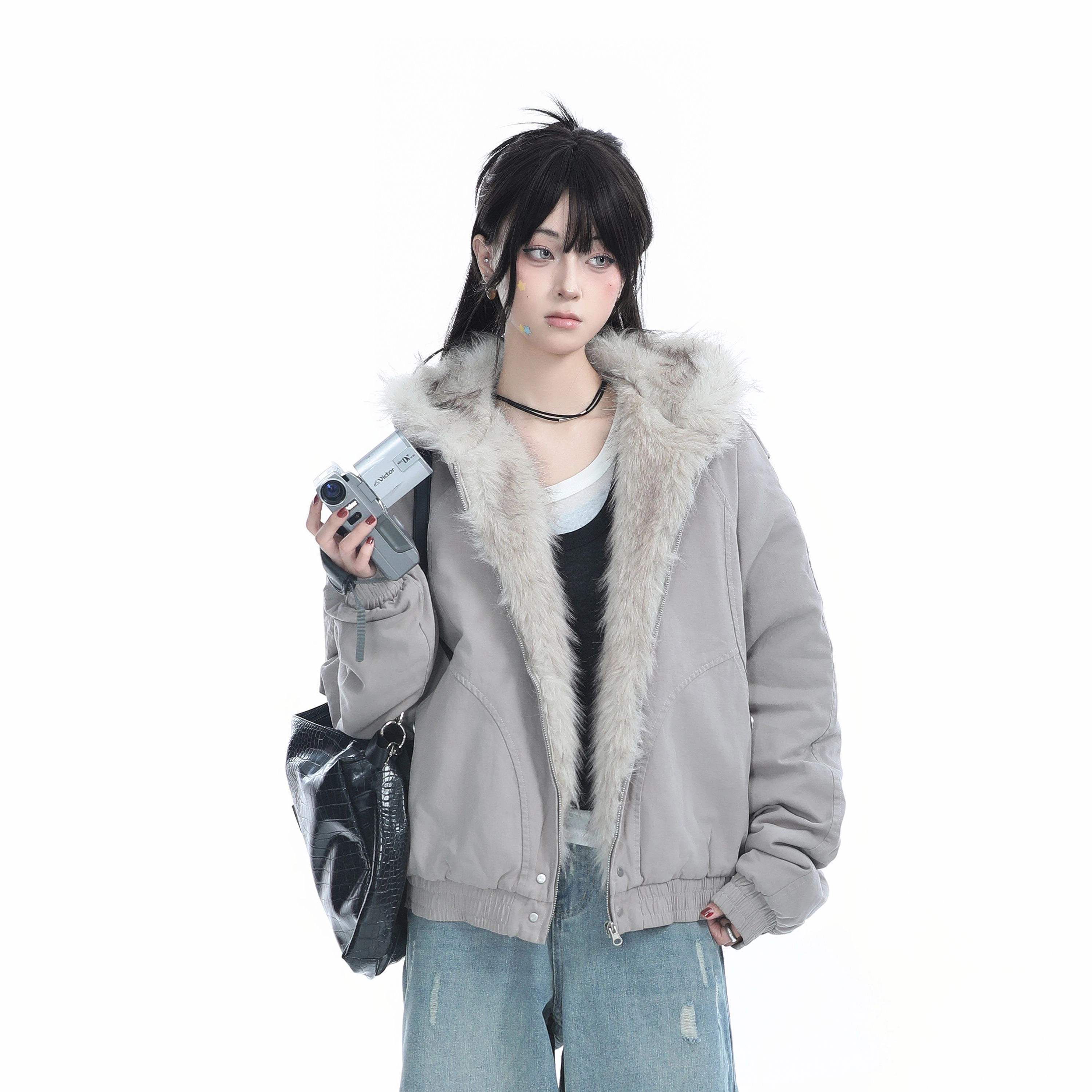 邓大喵 美式复古加棉加厚毛领连帽外套女冬季高级感毛绒棉衣棉服 女款