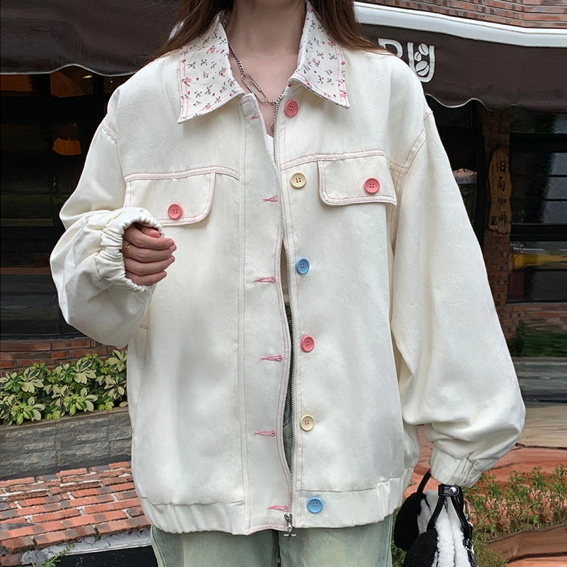邓大喵 甜美碎花翻领牛仔外套女加厚宽松百搭上衣夹克 女款