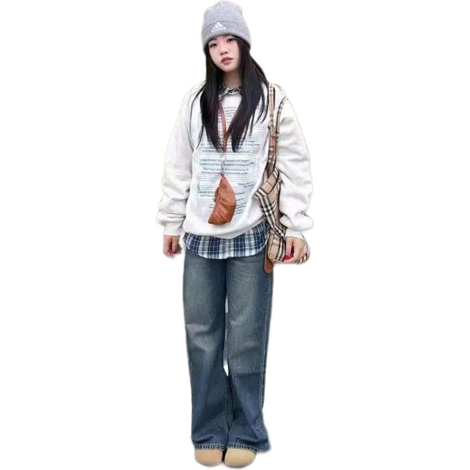 邓大喵 美式复古慵懒风圆领女学生韩版秋冬季加绒加厚宽松上衣外套潮卫衣 女款