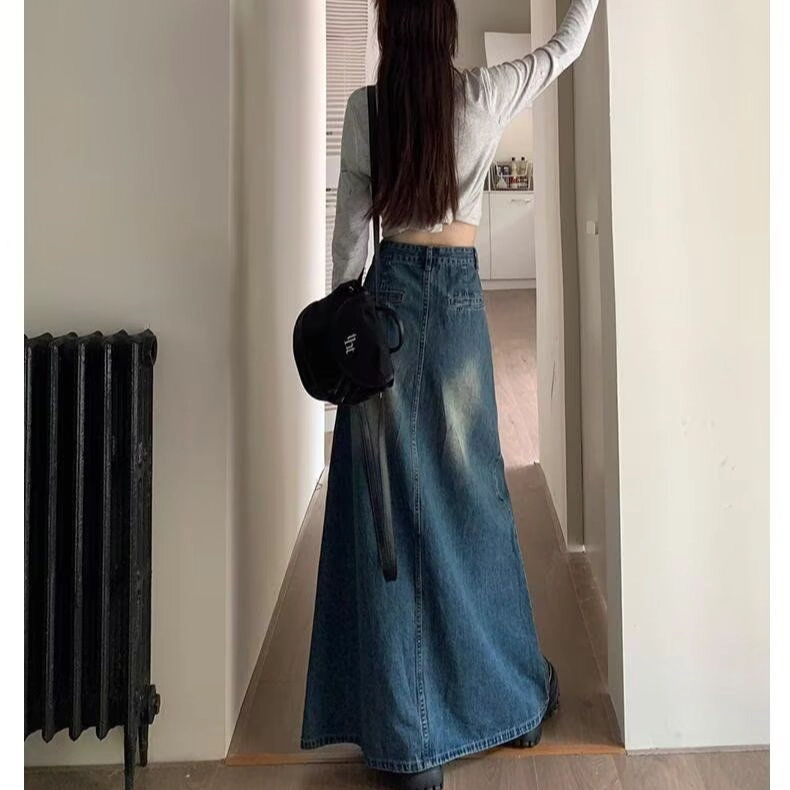 邓大喵 高腰薄款设计开叉长款百搭裙子牛仔长裙 女款