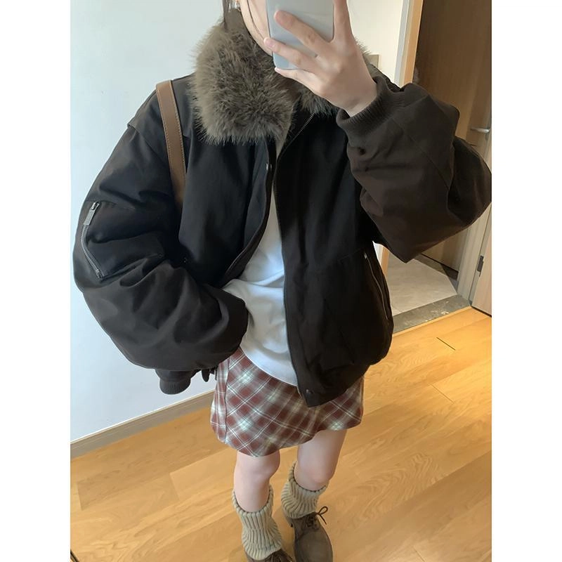 邓大喵 秋冬季美式复古毛领拼接外套女宽松百搭夹克加厚保暖上衣棉服 女款