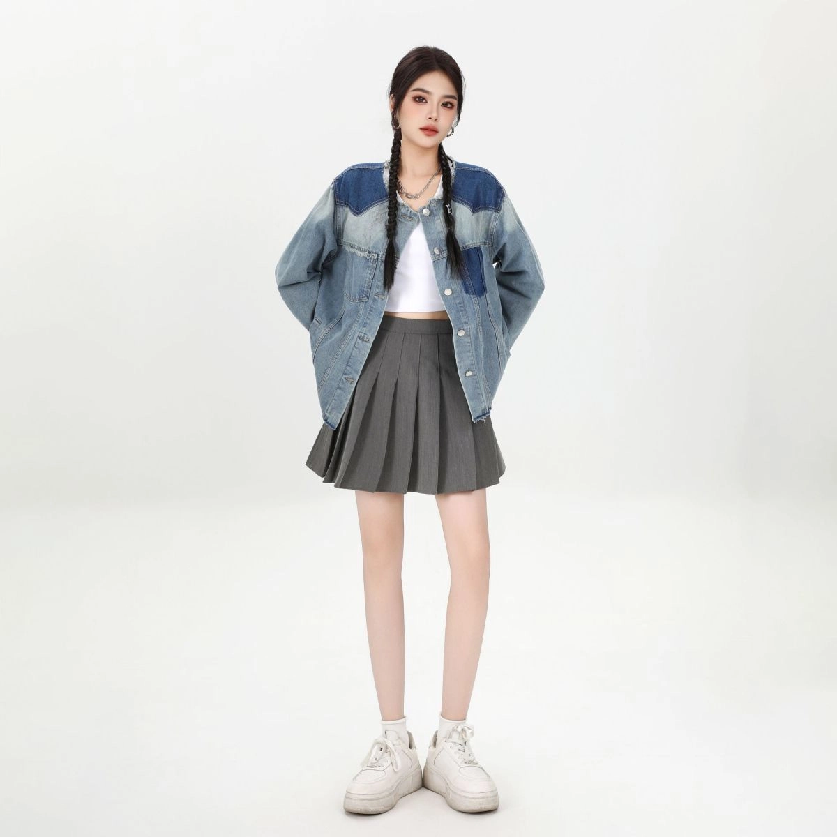 邓大喵 韩系街头个性拼色女秋季设计感小众宽松显瘦夹克上衣牛仔外套 女款