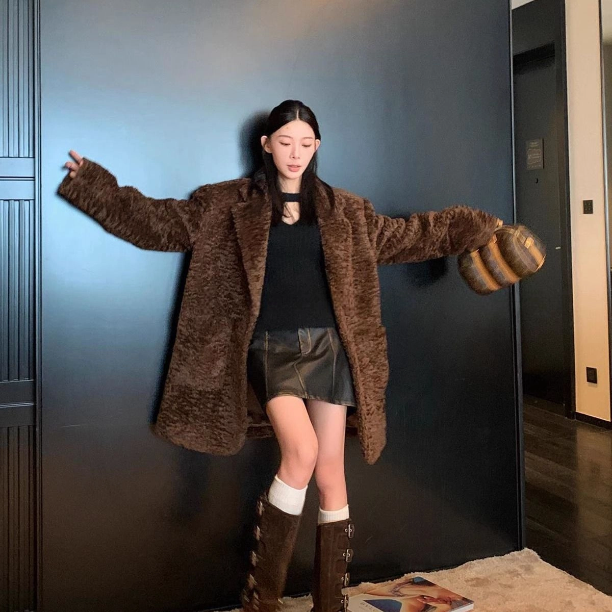 邓大喵 环保高级感毛呢简约舒适时尚长袖皮草 女款