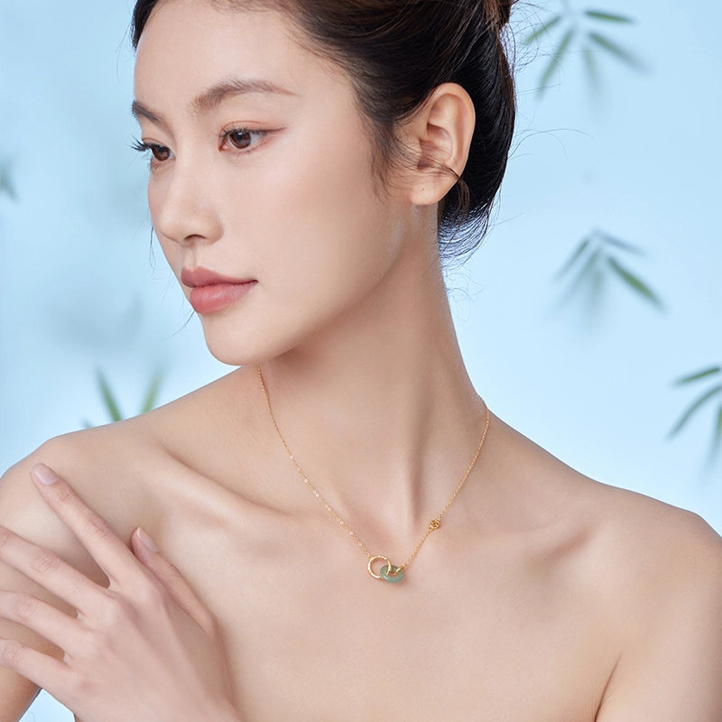 福茹记 竹扣平安 钱币铜钱新中式环环相扣 招财#好运 小众设计清雅绿色日常百搭显白 东陵玉 项链 女款