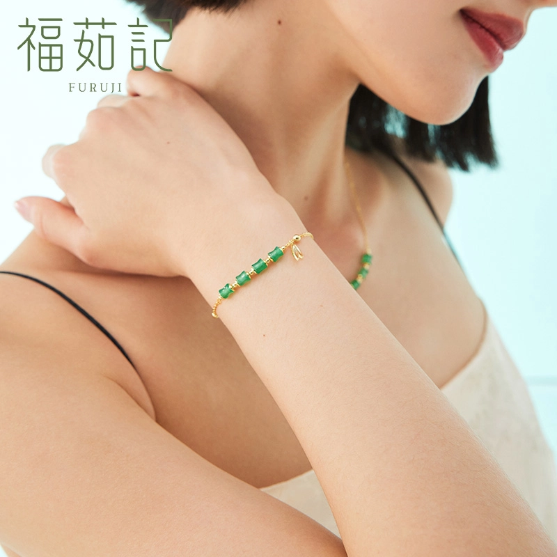福茹记 竹够爱你 新中式竹节竹叶  百搭精致小众设计 玉髓 手链 女款