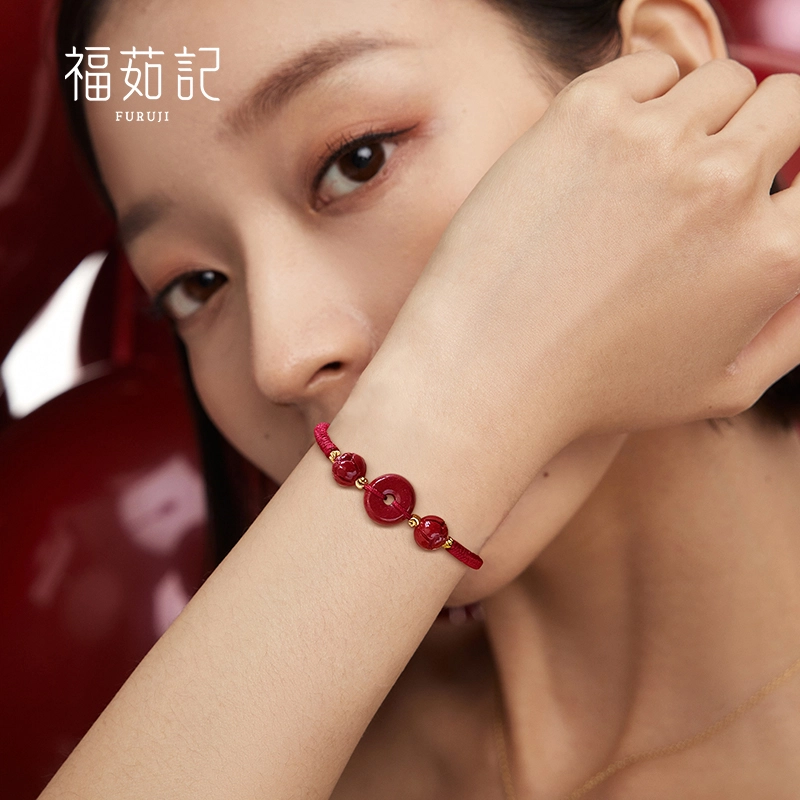 福茹记 平安圆环 莲花莲藕平安 佳偶天成中式国风 吉祥如意#好运 朱砂 手链 女款