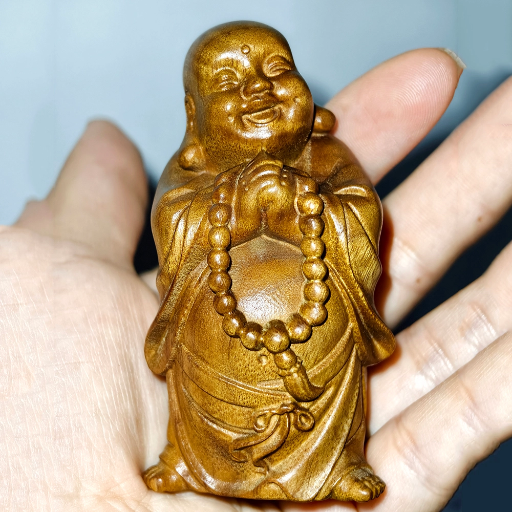 仙作美 （假一赔万）小叶桢老料整木雕刻招财弥勒佛手把件 楠木 摆件 男女同款情侣款