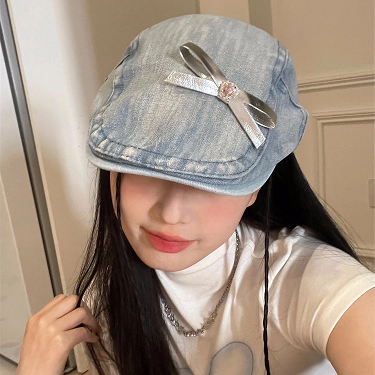 撞青春 蝴蝶结前进帽复古潮 牛仔布 贝雷帽 女款
