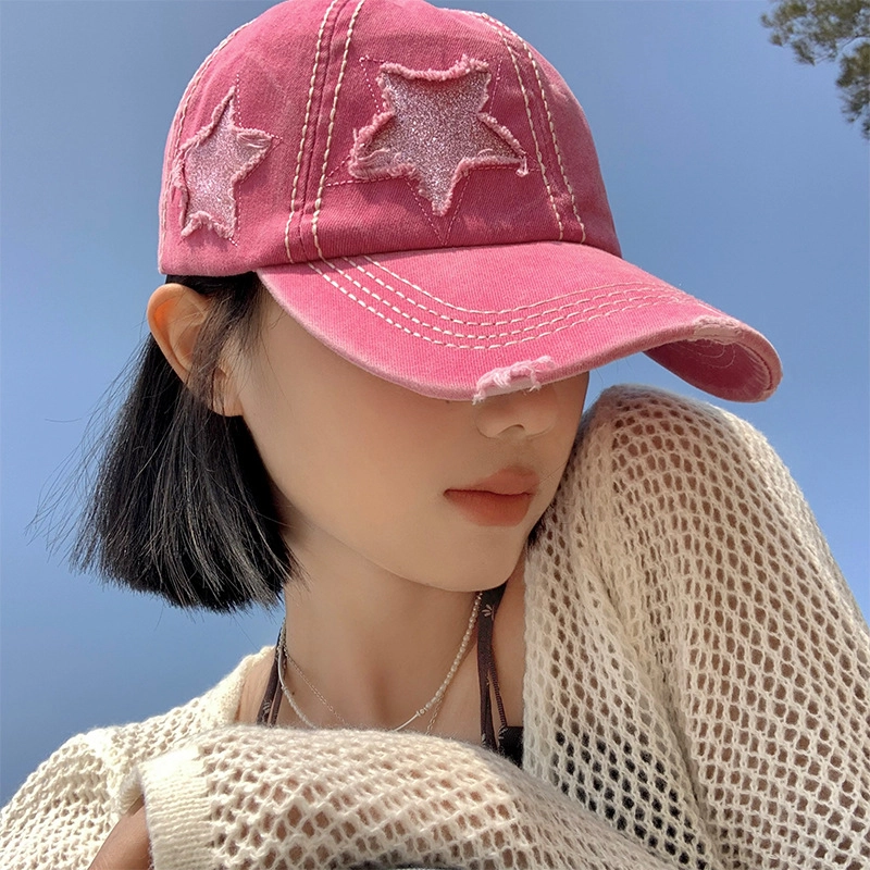 撞青春 破洞帽女大头围显脸小 粉色宽帽檐帽子潮 棉 鸭舌帽 男女同款情侣款