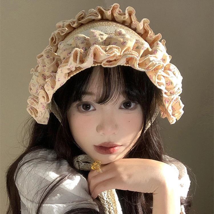撞青春 法式复古蕾丝碎花编织海边沙滩度假田园风发带 草编 帽子 女款