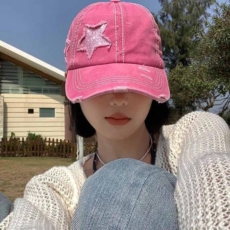 撞青春 破洞帽女大头围显脸小 粉色宽帽檐帽子潮 棉 鸭舌帽 男女同款情侣款