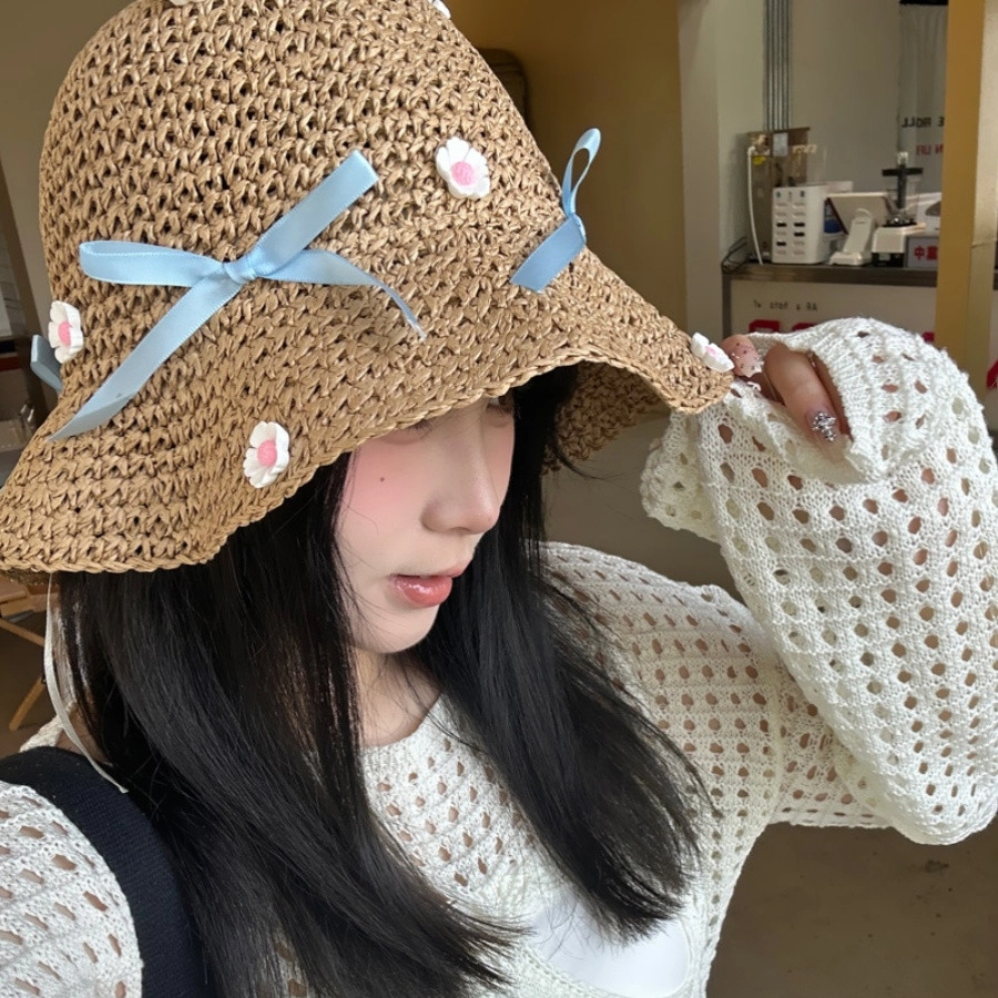 撞青春 草帽风蝴蝶结花朵遮阳 甜美 海边度假法式平顶 拉菲草 渔夫帽 女款